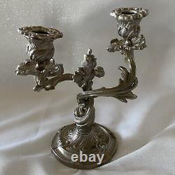 VTG PAIR Silvered Brass Candle Holders Rococo Style Acanthus Leaf Candelabras IT