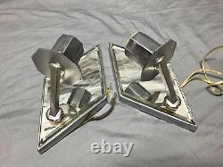 VTG Pair Chrome Brass Diamond Beveled Mirror Wall Sconce Light Fixtures 1907-22B