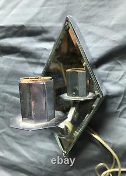 VTG Pair Chrome Brass Diamond Beveled Mirror Wall Sconce Light Fixtures 1907-22B