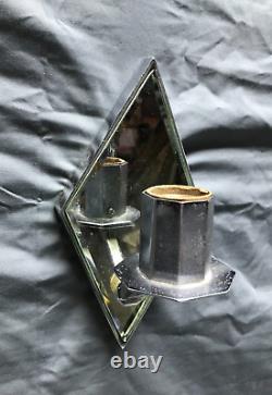 VTG Pair Chrome Brass Diamond Beveled Mirror Wall Sconce Light Fixtures 1907-22B