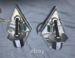 VTG Pair Chrome Brass Diamond Beveled Mirror Wall Sconce Light Fixtures 1907-22B