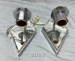 VTG Pair Chrome Brass Diamond Beveled Mirror Wall Sconce Light Fixtures 1907-22B