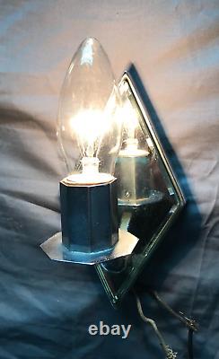 VTG Pair Chrome Brass Diamond Beveled Mirror Wall Sconce Light Fixtures 1907-22B