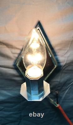 VTG Pair Chrome Brass Diamond Beveled Mirror Wall Sconce Light Fixtures 1907-22B