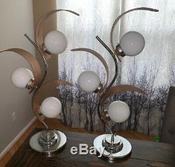 VTG Pair Large Mid Century Lamps Modern Chrome Globes Curved Wood Half Spheres