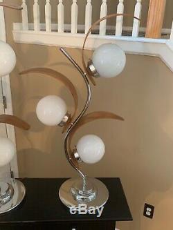 VTG Pair Large Mid Century Lamps Modern Chrome Globes Curved Wood Half Spheres