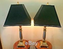 VTG Pair Stiffel Brass & Polished Silver Table Lamps withBlack Faux Leather Shades