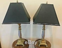 VTG Pair Stiffel Brass & Polished Silver Table Lamps withBlack Faux Leather Shades