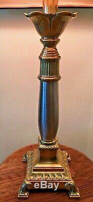 VTG Pair Stiffel Brass & Polished Silver Table Lamps withBlack Faux Leather Shades