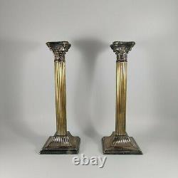 VTG Pair of Corinthian Column Candlestick Holders Silverplate and Brass 10 Tall