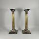 Vtg Pair Of Corinthian Column Candlestick Holders Silverplate And Brass 10 Tall