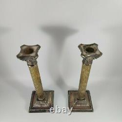 VTG Pair of Corinthian Column Candlestick Holders Silverplate and Brass 10 Tall