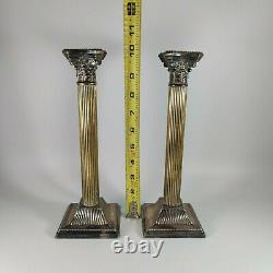 VTG Pair of Corinthian Column Candlestick Holders Silverplate and Brass 10 Tall