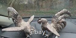 VTG Pair of Silver Toned Metal Fighting Rooster Lifelike Figurine Table Decor