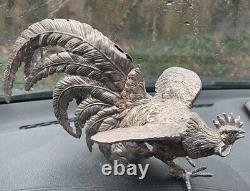 VTG Pair of Silver Toned Metal Fighting Rooster Lifelike Figurine Table Decor