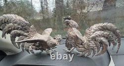 VTG Pair of Silver Toned Metal Fighting Rooster Lifelike Figurine Table Decor