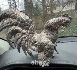 VTG Pair of Silver Toned Metal Fighting Rooster Lifelike Figurine Table Decor