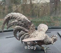 VTG Pair of Silver Toned Metal Fighting Rooster Lifelike Figurine Table Decor