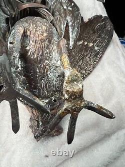 VTG Pair of Silver Toned Metal Fighting Rooster Lifelike Figurine Table Decor
