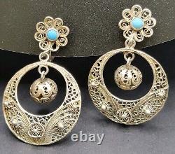 VTG Portugese Cannetille Earrings Vermeil 833 Silver Ball Drop Turquoise Flower