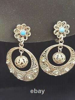 VTG Portugese Cannetille Earrings Vermeil 833 Silver Ball Drop Turquoise Flower