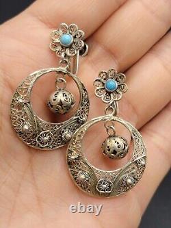 VTG Portugese Cannetille Earrings Vermeil 833 Silver Ball Drop Turquoise Flower