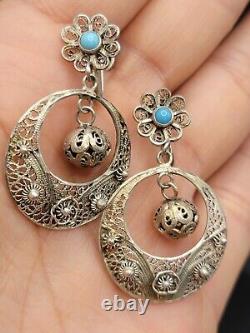 VTG Portugese Cannetille Earrings Vermeil 833 Silver Ball Drop Turquoise Flower