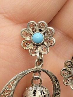 VTG Portugese Cannetille Earrings Vermeil 833 Silver Ball Drop Turquoise Flower