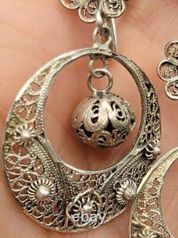 VTG Portugese Cannetille Earrings Vermeil 833 Silver Ball Drop Turquoise Flower
