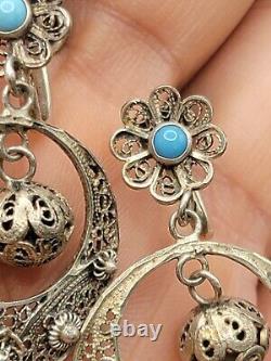VTG Portugese Cannetille Earrings Vermeil 833 Silver Ball Drop Turquoise Flower