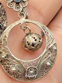 VTG Portugese Cannetille Earrings Vermeil 833 Silver Ball Drop Turquoise Flower