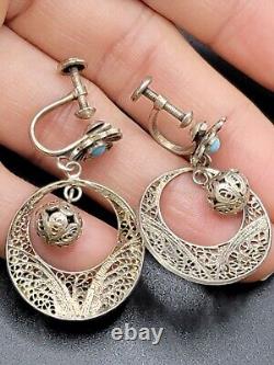 VTG Portugese Cannetille Earrings Vermeil 833 Silver Ball Drop Turquoise Flower