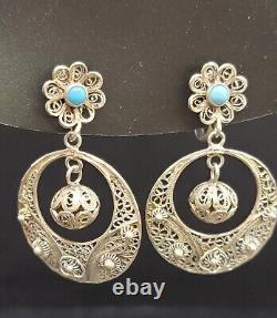 VTG Portugese Cannetille Earrings Vermeil 833 Silver Ball Drop Turquoise Flower