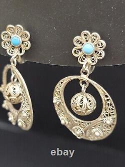 VTG Portugese Cannetille Earrings Vermeil 833 Silver Ball Drop Turquoise Flower