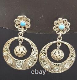 VTG Portugese Cannetille Earrings Vermeil 833 Silver Ball Drop Turquoise Flower