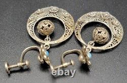 VTG Portugese Cannetille Earrings Vermeil 833 Silver Ball Drop Turquoise Flower