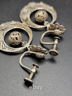 VTG Portugese Cannetille Earrings Vermeil 833 Silver Ball Drop Turquoise Flower