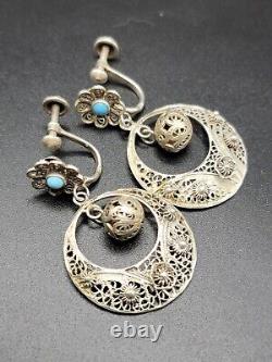 VTG Portugese Cannetille Earrings Vermeil 833 Silver Ball Drop Turquoise Flower