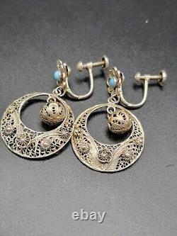 VTG Portugese Cannetille Earrings Vermeil 833 Silver Ball Drop Turquoise Flower
