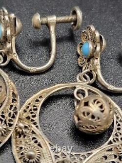 VTG Portugese Cannetille Earrings Vermeil 833 Silver Ball Drop Turquoise Flower