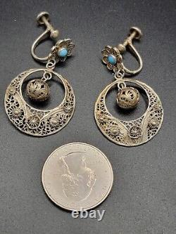 VTG Portugese Cannetille Earrings Vermeil 833 Silver Ball Drop Turquoise Flower