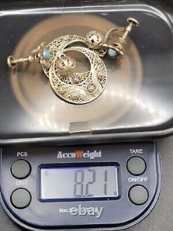 VTG Portugese Cannetille Earrings Vermeil 833 Silver Ball Drop Turquoise Flower