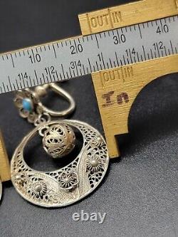 VTG Portugese Cannetille Earrings Vermeil 833 Silver Ball Drop Turquoise Flower