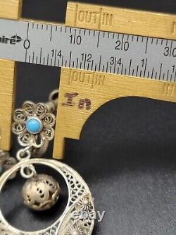 VTG Portugese Cannetille Earrings Vermeil 833 Silver Ball Drop Turquoise Flower