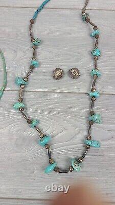 VTG Silver & Turquoise 3 Necklaces & 1 Pair Clip On Earrings Navajo Native AZ