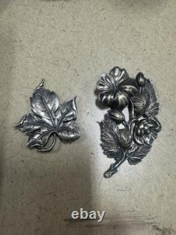 VTG Sterling Silver Flower Leaf Brooch Pins PAIR Guiglielmo Cini Pressed Art