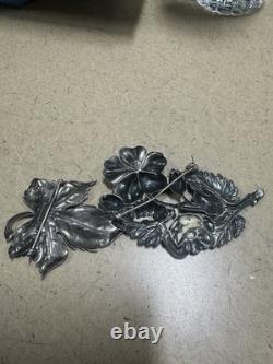 VTG Sterling Silver Flower Leaf Brooch Pins PAIR Guiglielmo Cini Pressed Art
