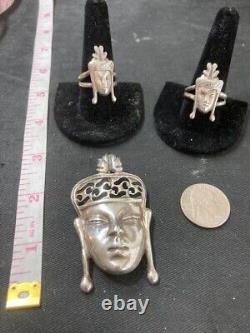Very Cool Vintage Sterling Thai Dancer Brooch and Pair of Matching Rings