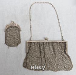 Victorian Era Pair All Sterling Silver Large & Small Opera Mesh Bag Purses