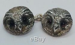 Vincent Simone Vintage Pair Sterling Silver Figural Owl Garnet Eyes Cufflinks
